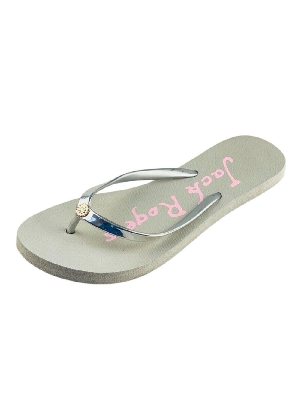 Jack Rogers Silver & Gray Flip-Flops With Pink Logo Womens Beach Sandals Size 9 - Picture 8 of 11